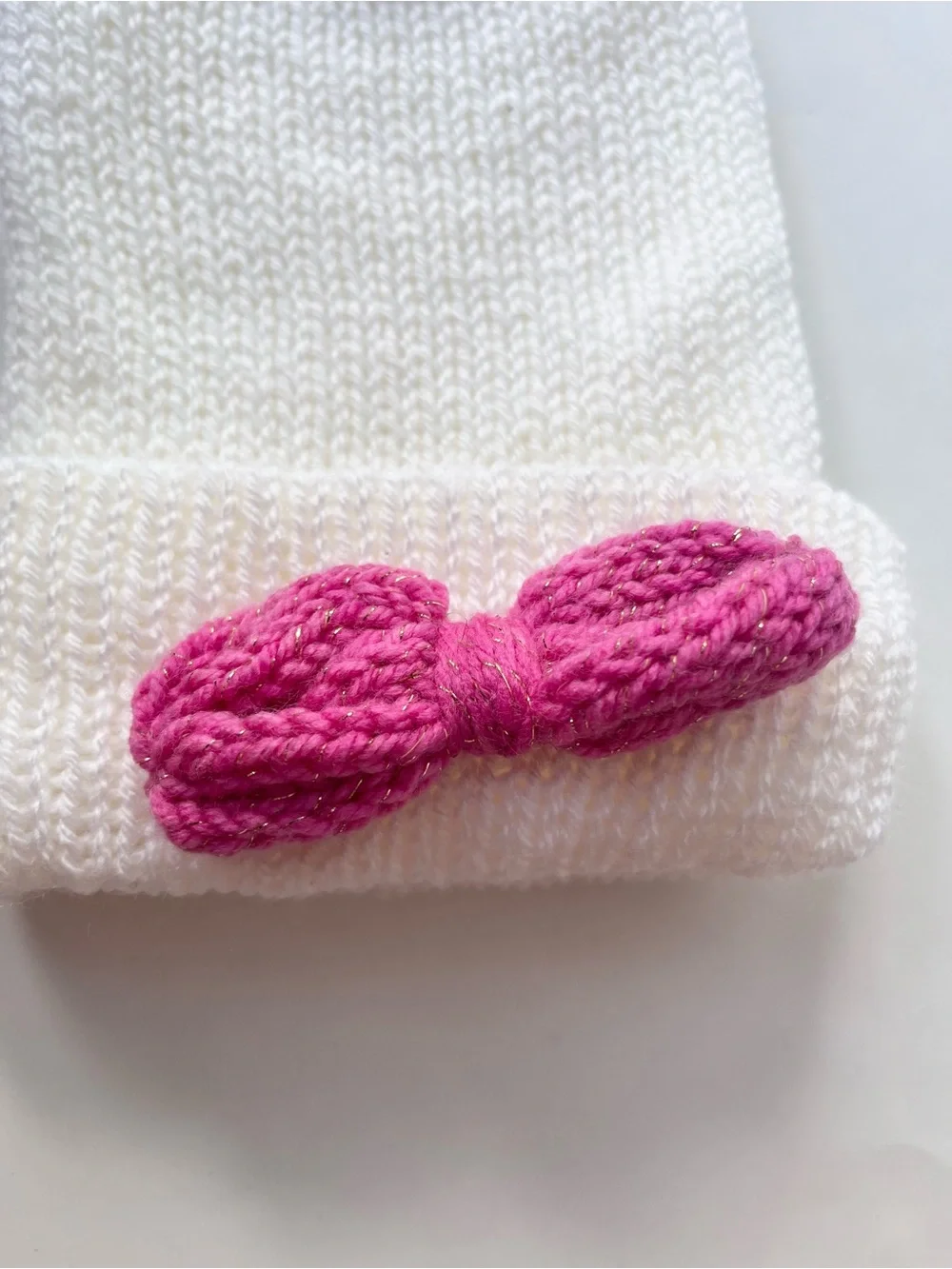 Handmade Cozy Toddler Winter Hat Knitted White w/ Pink Bow